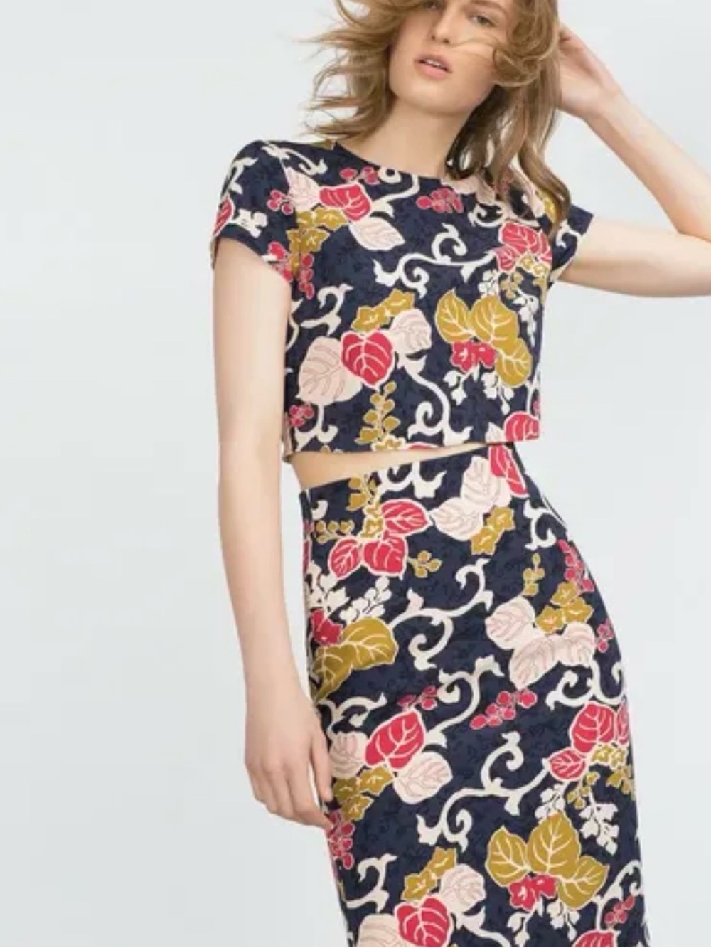 Zara Matching 2-Piece Crop Top & Pencil Midi Skirt Set – Navy Floral Print SZ. S
